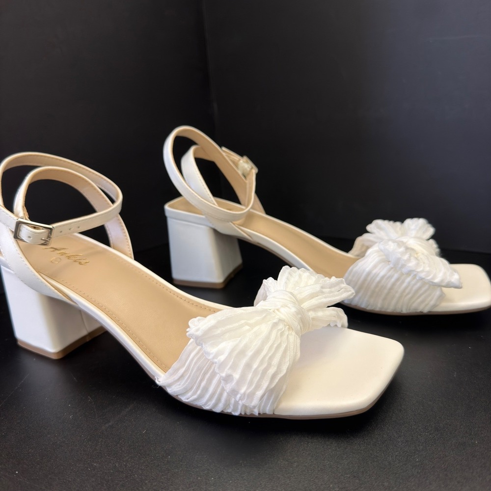 Ankis Women White Block Heel Sandals Pleated Bow Square Toe Ankle Strap Size 9.5